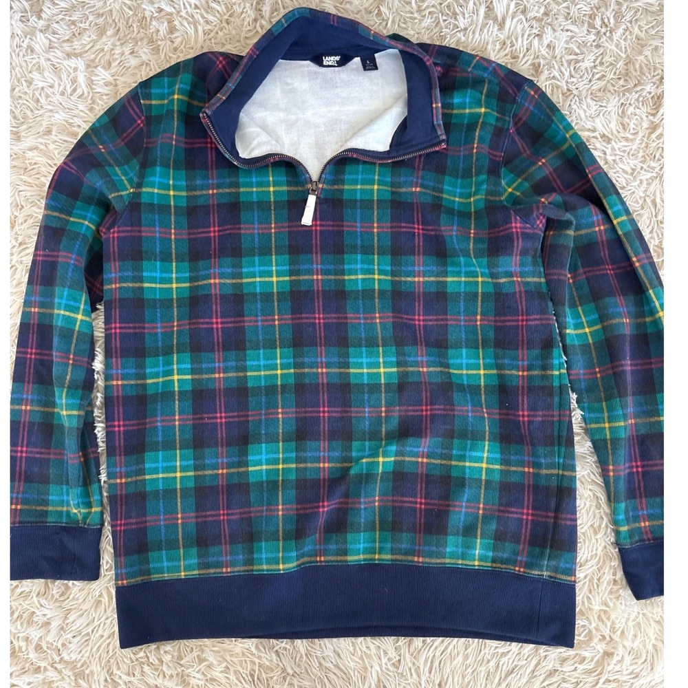 Lands End Mens Plaid 1/4 Zip Fleece Pullover Sweatshirt Size L NWOT‎